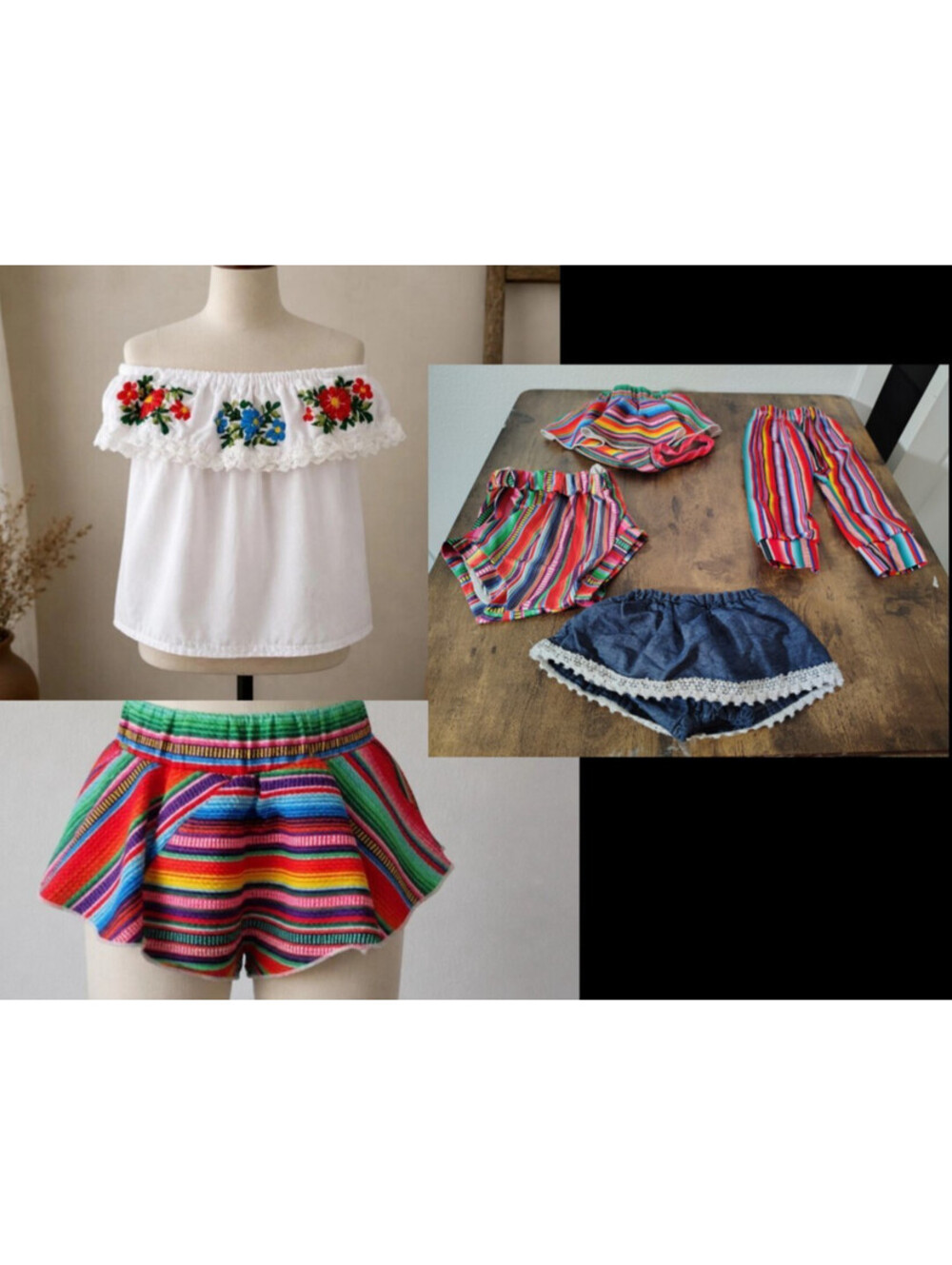 Baby Girl Lot Bundle Mexican Embroidered top with 4 matching bottoms 12 mo- 18m